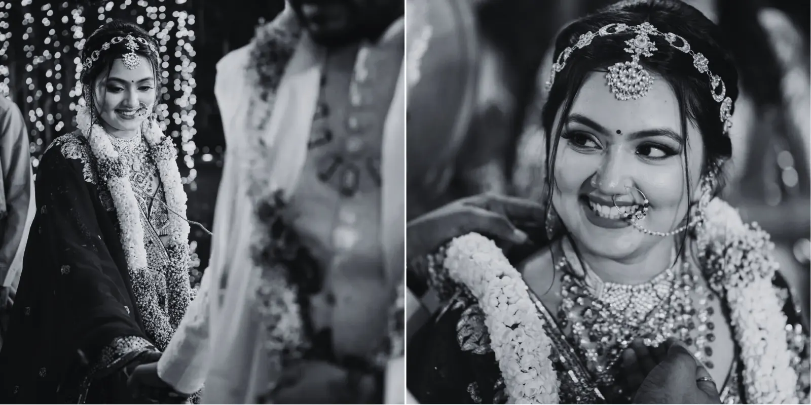 Emotional black and white bridal portrait showcasing intricate 
			jewelry and a candid smile during a luxury Indian wedding.