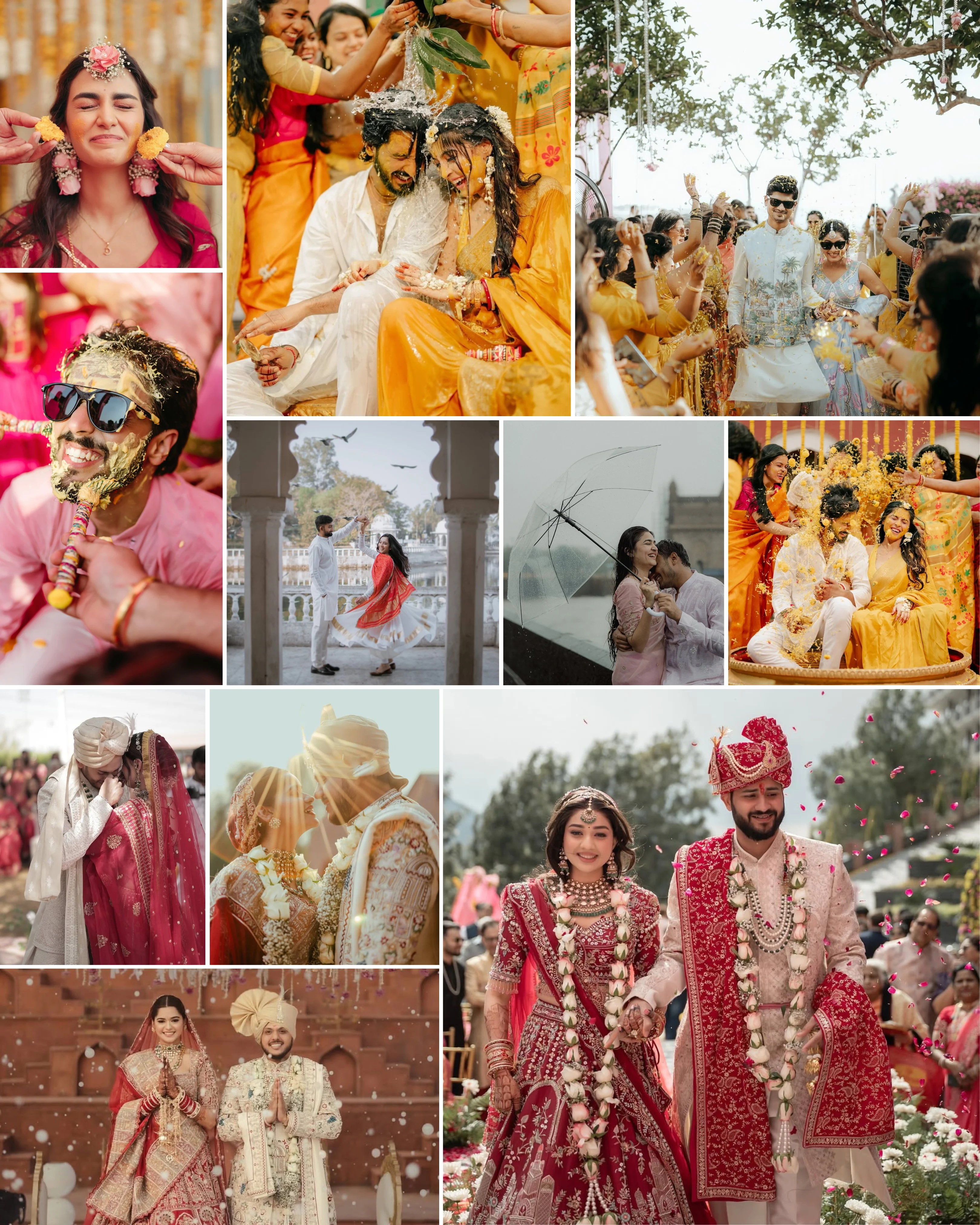 A cinematic portfolio collage of luxury Indian wedding photography by WedPixel, featuring candid Haldi 
			ceremony moments, editorial couple portraits in heritage locations, and grand traditional wedding rituals.