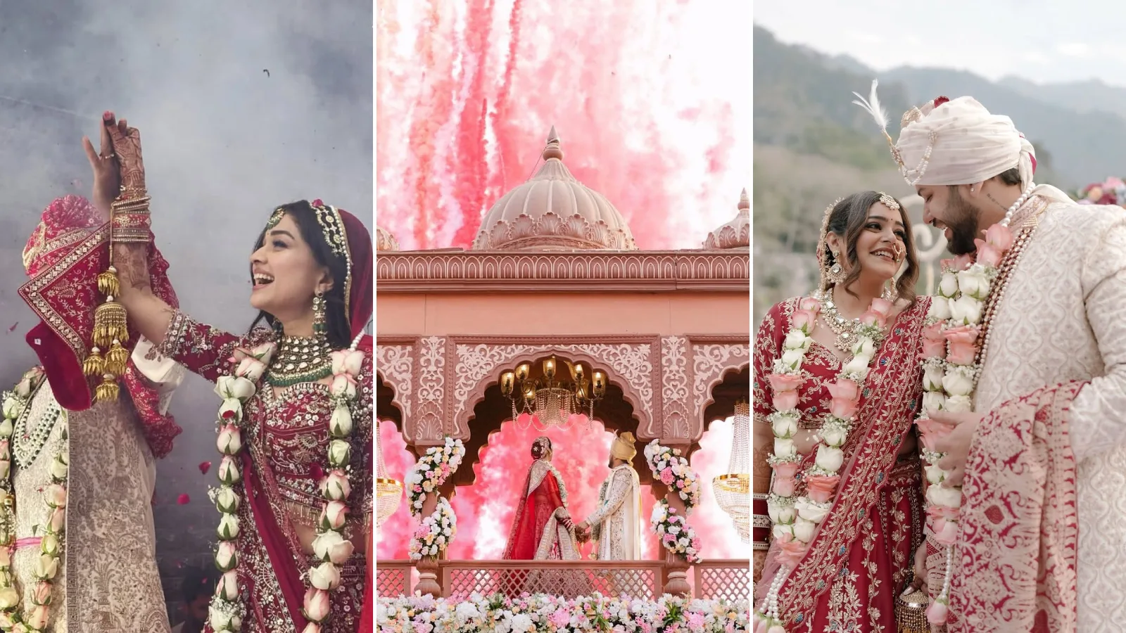 A vertical three-panel luxury wedding collage by WedPixel: featuring a joyful Varmala ceremony, 
			a couple standing within a majestic heritage fort with pink celebratory fireworks, 
			and a cinematic portrait against a mountain landscape.